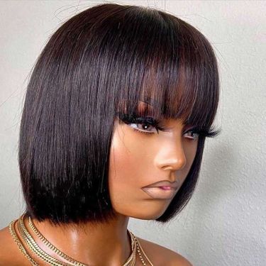 Short Straight Bob Wig Human Hair Wigs with Bangs For Beginners