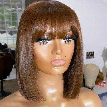 Caramel Brown Blunt Cut Bob Wigs Lace Front Wig with Bangs