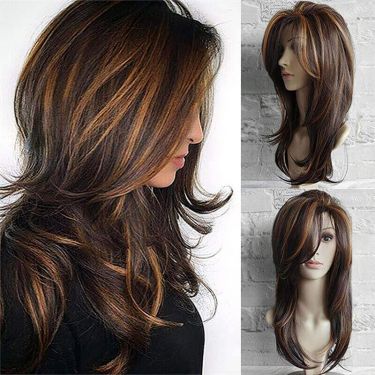 Layered Straight Highlight Lace Front Wig with Side-Swept Bangs