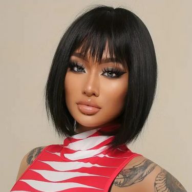 Short Straight Bob Wigs With Bangs Human Hair Lace Front Wigs
