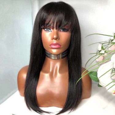 Silky Straight Human Hair Lace Front Wig With Bangs 150% Density