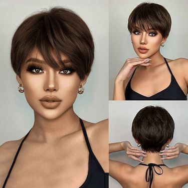 Short Straight Brunette Wig with Bangs Human Hair Bob Wig