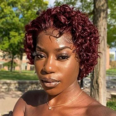 Burgundy Glueless Pixie Cut Bouncy Curly 13x4 Frontal Lace Wig 