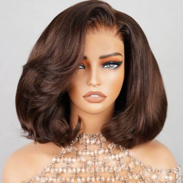 Chocolate Brown Bob Wigs Wavy Human Hair 13x4 Lace Front Wig with Side Bangs