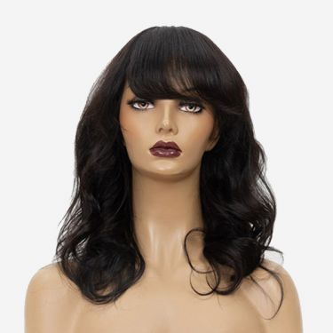 Natural Black Wavy Lace Front Wig with Bangs 100% Human Hair