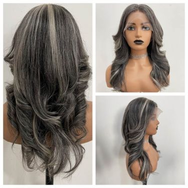 Black Mix Grey Layered Cut Wavy Lace Front Wig 100% Human Hair