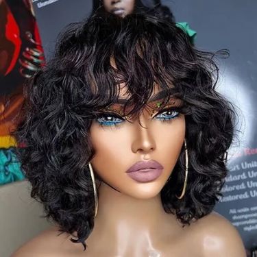 Short Wave Natural Bob Wigs with Bangs  Pre Cut Lace Wear Go Glueless Wigs For Black Women