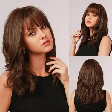 Glueless Brown Wavy Human Hair with Bangs 13X4 Lace Front Wig