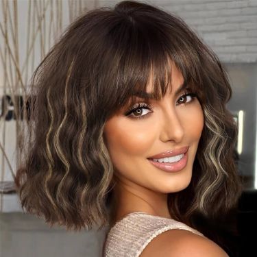 Short Wavy Bob Wigs with Bangs Brown Mixed Blonde Highlight Lace Front Wig