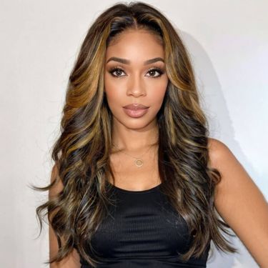 Glueless Layered Middle Part Golden Highlight Wavy Human Hair Lace Front Wig