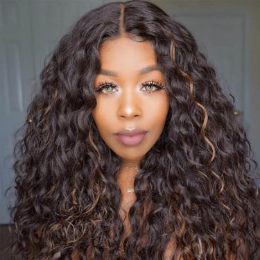 Glueless Wig Water Wave Brown Hair With Blonde Highlights Wig 13X4 Lace Front Wig