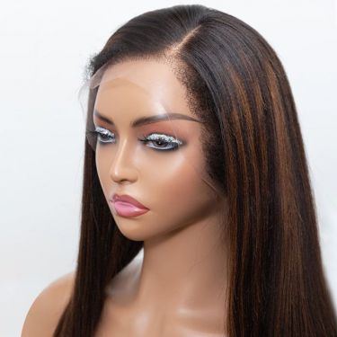 4C Natural Edges Yaki Straight Highlight Brown Glueless Human Hair Lace Front Wigs